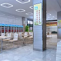 Spacious Modern Cafeteria Interior With Tables Chairs Ceiling Lights And Pillars 3d model