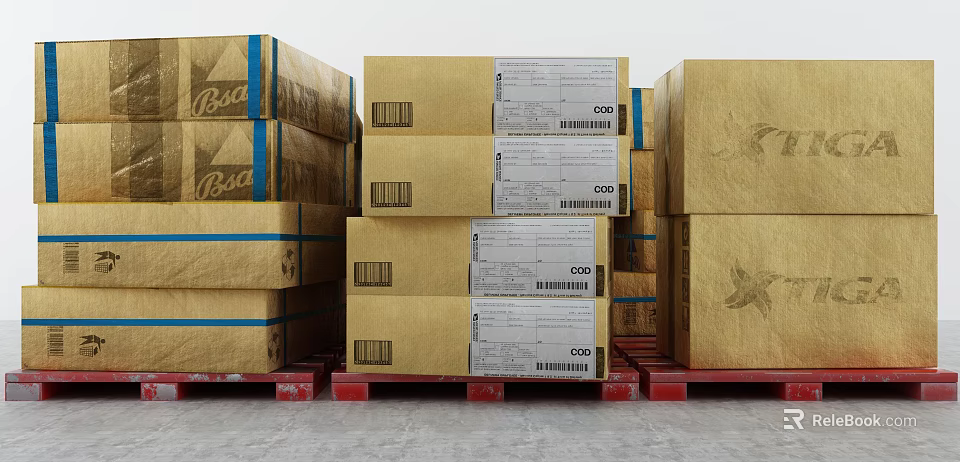 Stacked Cardboard Cartons With Blue Tape Labels And Barcodes For Storage And Shipping On Pallets 3d model 