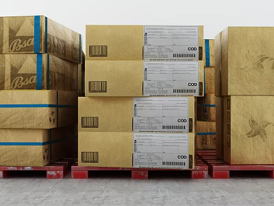 Stacked Cardboard Cartons With Blue Tape Labels And Barcodes For Storage And Shipping On Pallets 3d model