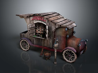Vintage Vendor Cart With Wooden Structure Weathered Roof Wheels And Lantern 3d model