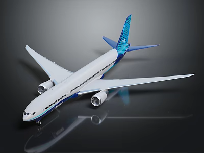 Detailed White Airplane Model With Blue Tail Twin Engines And Wing Design On Black Surface 3d model