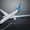 Detailed White Airplane Model With Blue Tail Twin Engines And Wing Design On Black Surface