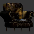 Vintage Single Sofa With Brown And Gold Distressed Leather Curved Arms And Wooden Legs
