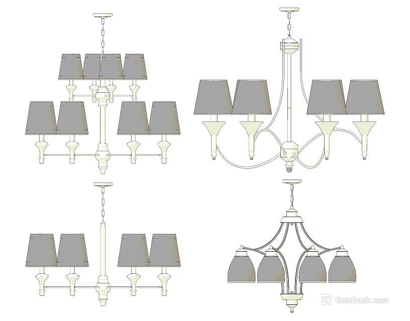 Various Chandelier Designs With Gray Lampshades White Frames And Stylish Home Decor Elements 3d model