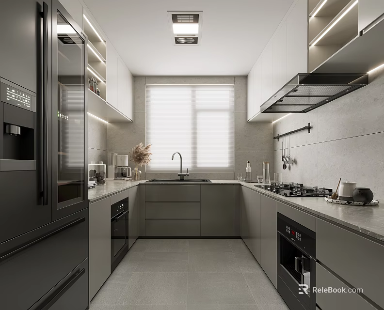 Modern Kitchen Interior Design With Gray Cabinets Built-in Lighting Strips And Stainless Steel Appliances 3d model 