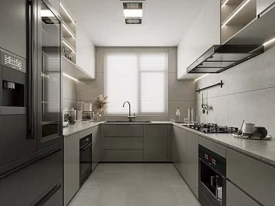 Modern Kitchen Interior Design With Gray Cabinets Built-in Lighting Strips And Stainless Steel Appliances 3d model