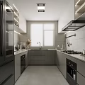 Modern Kitchen Interior Design With Gray Cabinets Built-in Lighting Strips And Stainless Steel Appliances