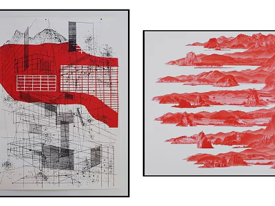Abstract Paintings With Red Geometric Shapes Black Lines And Wavy Mountain Patterns 3d model