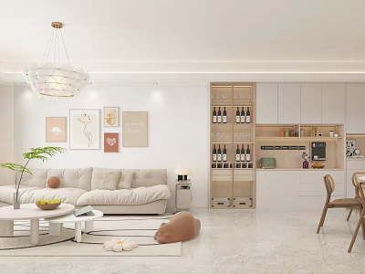 Modern Minimalist Living And Dining Room Interior With Beige Sofa Coffee Table And Wine Cabinet 3d model