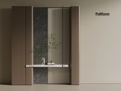 Modern Entryway Side Cabinet Console Table With Marble Top Striped Panel And Green Plant Decoration 3d model