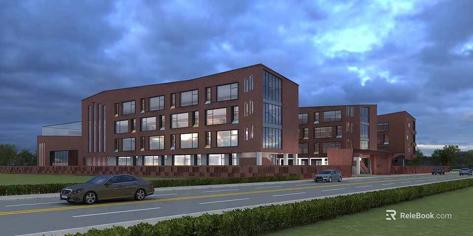 Modern School Building With Red Brick Exterior Glass Curtain Walls Road And Cars At Dusk 3d model 