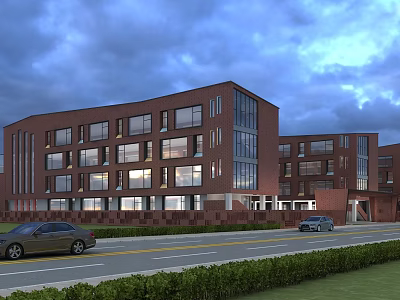 Modern School Building With Red Brick Exterior Glass Curtain Walls Road And Cars At Dusk 3d model