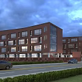Modern School Building With Red Brick Exterior Glass Curtain Walls Road And Cars At Dusk