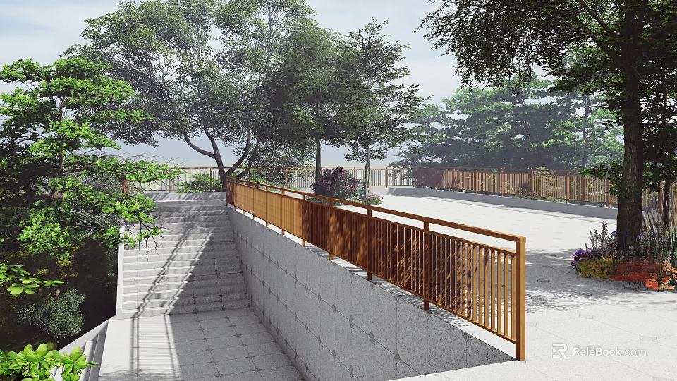 Scenic Garden Landscape With Wooden Railings Stone Steps And Lush Green Trees 3d model 