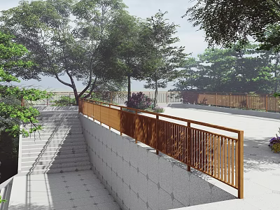 Scenic Garden Landscape With Wooden Railings Stone Steps And Lush Green Trees 3d model