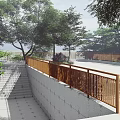 Scenic Garden Landscape With Wooden Railings Stone Steps And Lush Green Trees