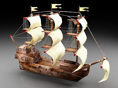 Classic Wooden Sailing Ship Equipped With Sails Masts And Flags 3d model