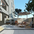 Serene Garden Landscape with Patio Trees Water Fountain Seating Grill Area and Lush Green Plants