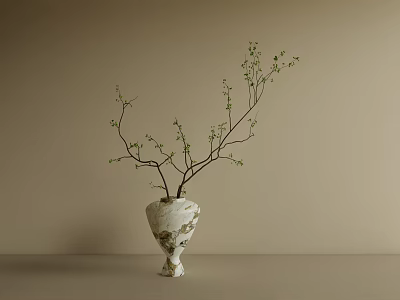 Minimalist White Textured Ceramic Vase With Green Twigs On Beige Background 3d model