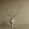 Minimalist White Textured Ceramic Vase With Green Twigs On Beige Background