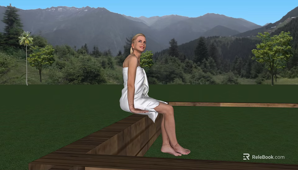 Woman In White Wrap Dress Sitting On Wooden Platform With Green Meadow Trees And Mountains 3d model 
