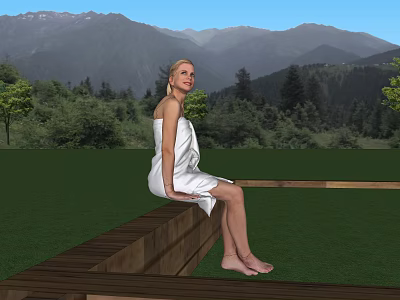 Woman In White Wrap Dress Sitting On Wooden Platform With Green Meadow Trees And Mountains 3d model