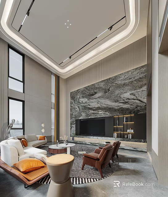 Modern Duplex Living Room Interior With Large Windows Marble Accent Wall Sofa Coffee Table 3d model