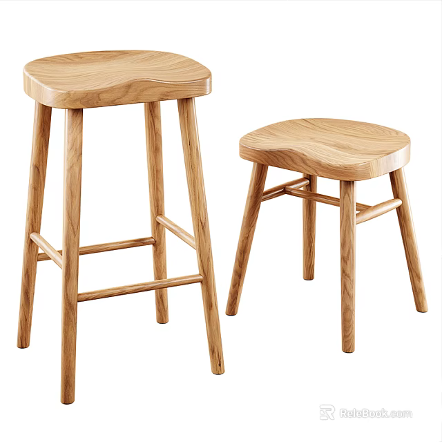 Natural Wooden Bar Stools With Simple Design In Tall And Short Sizes For Kitchen Bar 3d model 