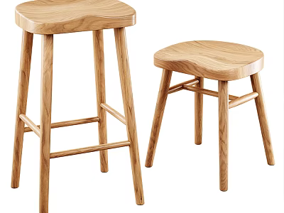 Natural Wooden Bar Stools With Simple Design In Tall And Short Sizes For Kitchen Bar 3d model