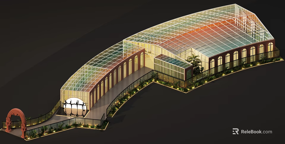 Modern Glass Architecture With Curved Transparent Roof And Surrounding Greenery 3d model 