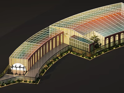 Modern Glass Architecture With Curved Transparent Roof And Surrounding Greenery 3d model