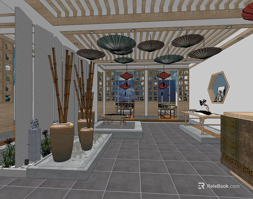 Traditional Teahouse Interior Design With Wooden Ceiling Bamboo Decor Red Lanterns And Stone Ornaments 3d model 