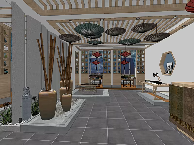 Traditional Teahouse Interior Design With Wooden Ceiling Bamboo Decor Red Lanterns And Stone Ornaments 3d model