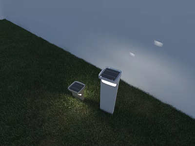 Two Solar Powered Outdoor Lights Tall And Short Models On Grass Near White Wall 3d model