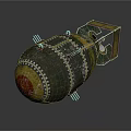 Vintage Military Bomb With Riveted Green Surface Yellow Red Markings And Metal Bracket