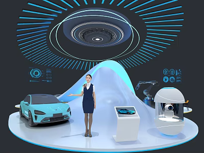 Modern Tech Exhibition Scene With Professional Woman Light Blue Car And Robot 3d model
