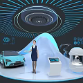 Modern Tech Exhibition Scene With Professional Woman Light Blue Car And Robot