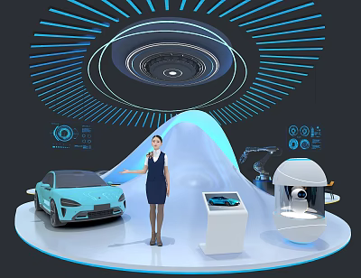 Modern Tech Exhibition Scene With Professional Woman Light Blue Car And Robot 3d model