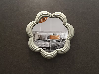 Flower Shaped Mirror on Brown Wall Reflecting Bedroom with Bed Pillows and Copper Pendant Light 3d model