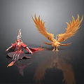 Mythical Character In Red And Gold Attire Sitting With Golden Phoenix Figure