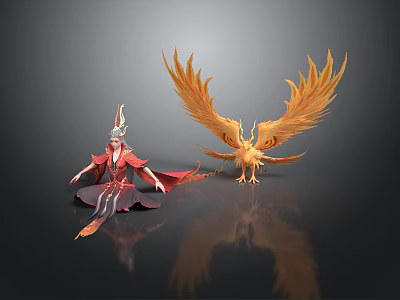 Mythical Character In Red And Gold Attire Sitting With Golden Phoenix Figure 3d model