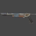 Vintage Submachine Gun With Wooden Grip Metal Body And Worn Straps