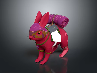 Pink Rabbit Figurine Adorned With Rolled Purple Cloth On Back Green Straps And White Cloth 3d model