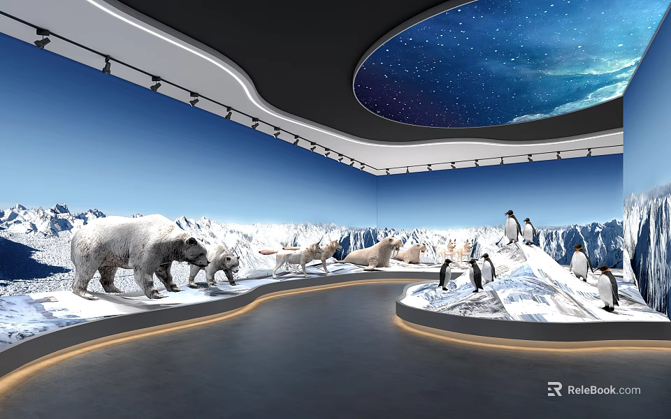 Exhibition Hall Showcasing Polar Animals Models With Snowy Mountains And Starry Sky Dome 3d model 