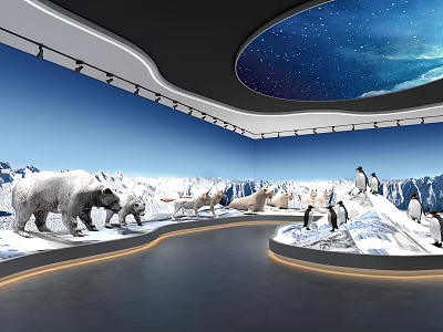 Exhibition Hall Showcasing Polar Animals Models With Snowy Mountains And Starry Sky Dome 3d model