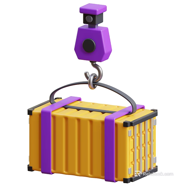 Industrial Lifting Equipment With Purple Crane Hook And Yellow Container Straps 3d model 