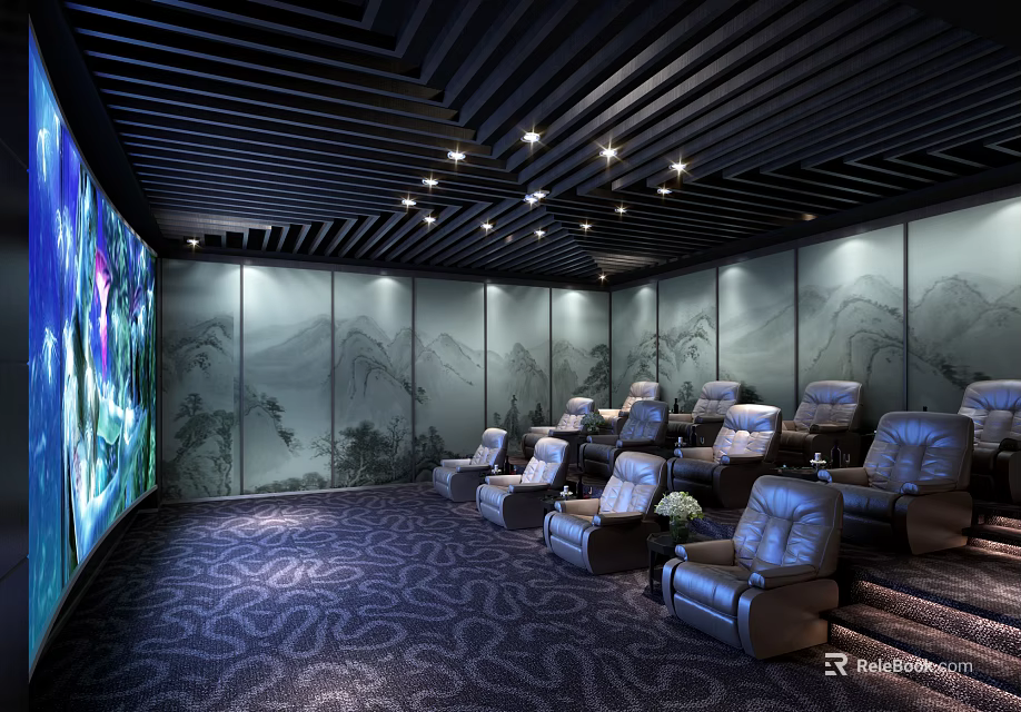 Luxurious Cinema Interior With Gray Leather Recliner Seats Large Screen And Landscape Painting Walls 3d model 