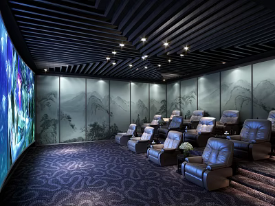 Luxurious Cinema Interior With Gray Leather Recliner Seats Large Screen And Landscape Painting Walls 3d model
