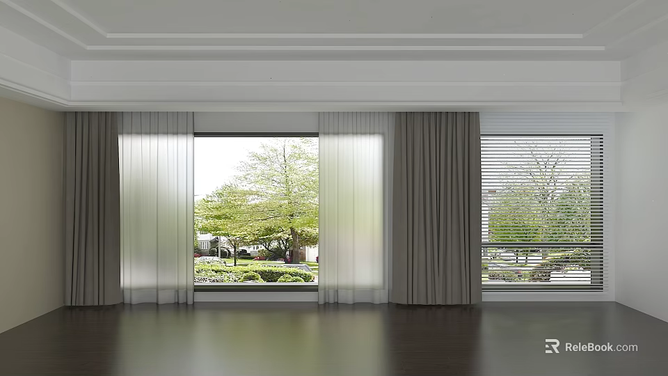 Sheer Curtains and Beige Drapes in Modern Bright Room with Green Trees Outside 3d model 