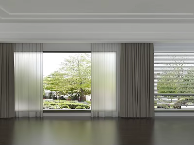 Sheer Curtains and Beige Drapes in Modern Bright Room with Green Trees Outside 3d model